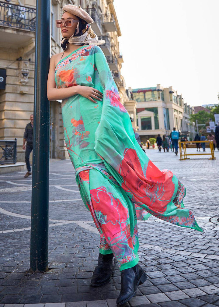 Mint Green Digital Printed Crepe Silk Saree | Stitched Blouse - qivii