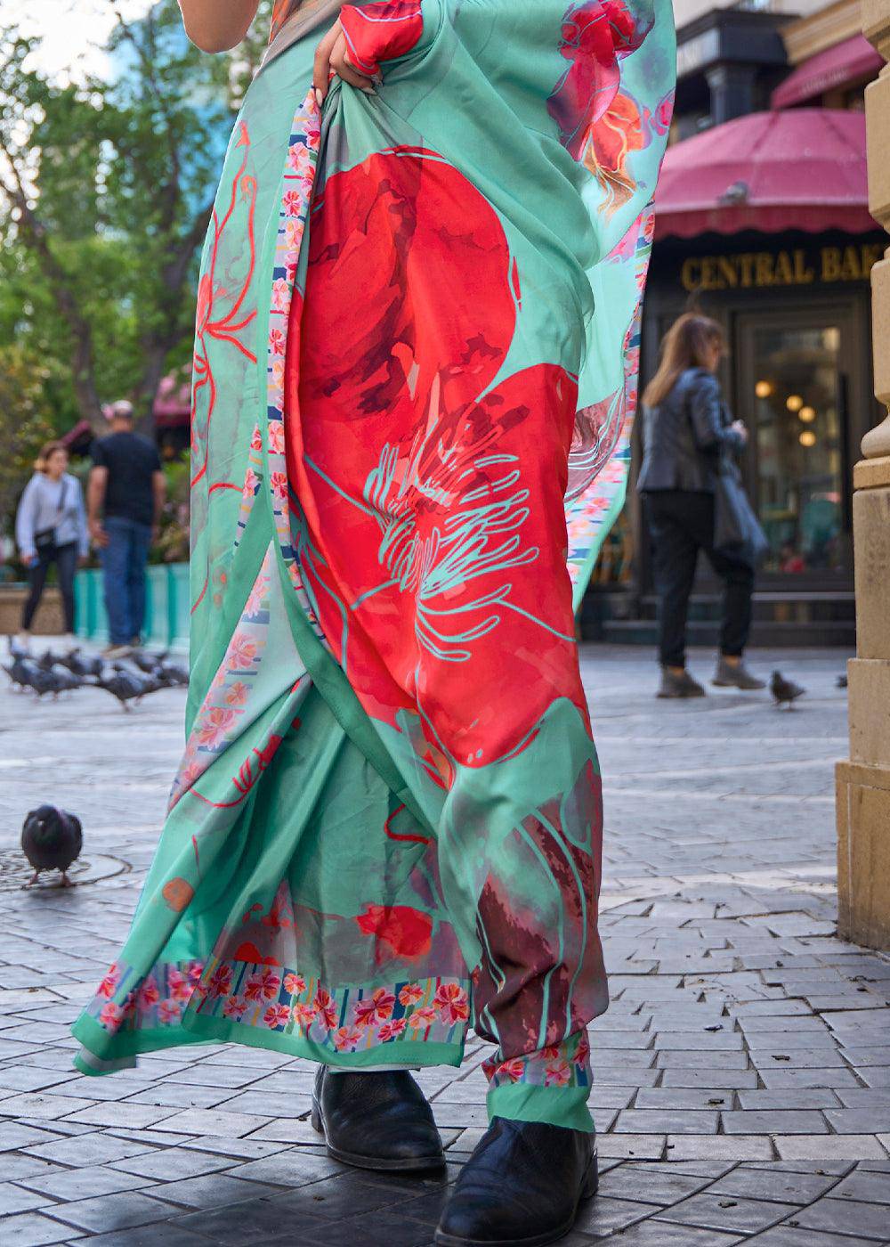 Mint Green Digital Printed Crepe Silk Saree | Stitched Blouse - qivii