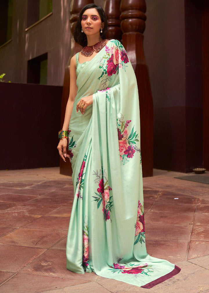 Mint Green Floral Printed Satin Crepe Saree | Stitched Blouse - qivii