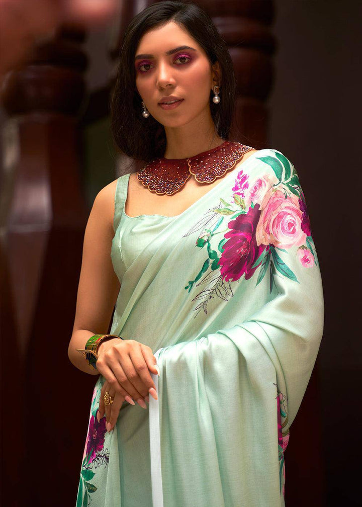 Mint Green Floral Printed Satin Crepe Saree | Stitched Blouse - qivii