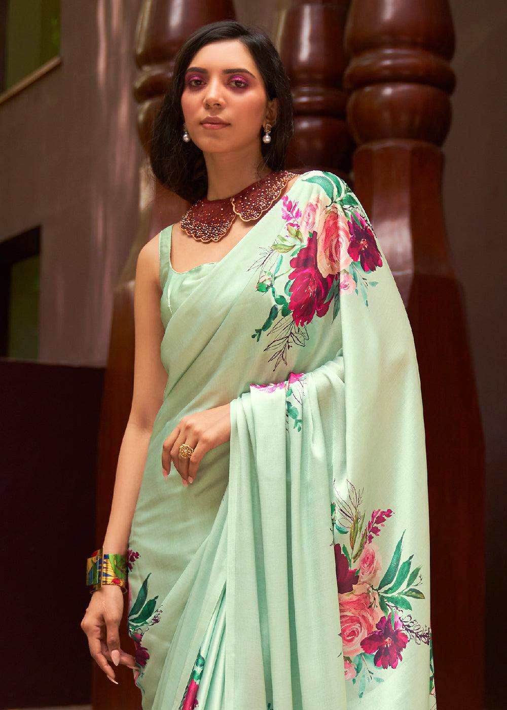 Mint Green Floral Printed Satin Crepe Saree | Stitched Blouse - qivii