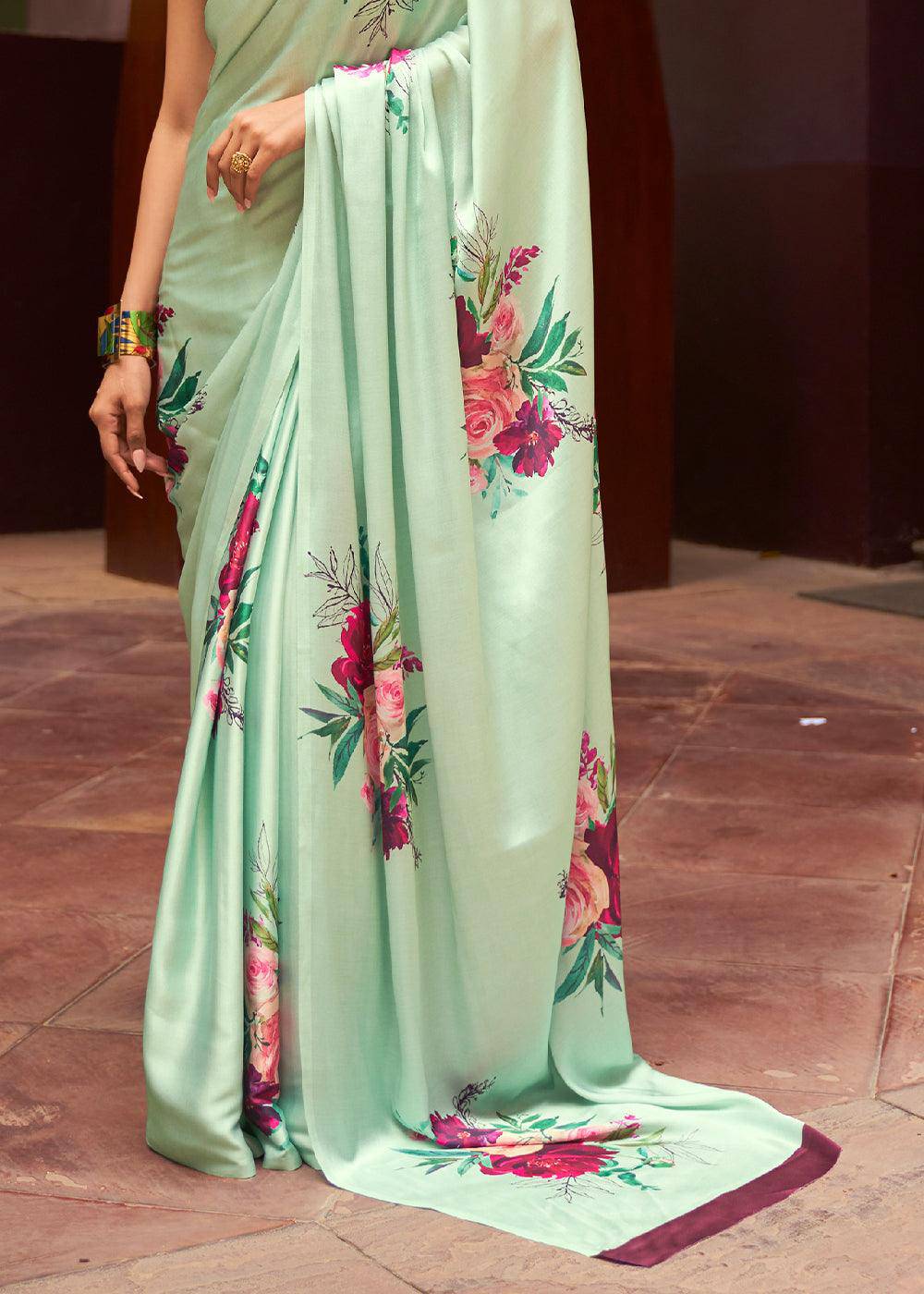 Mint Green Floral Printed Satin Crepe Saree | Stitched Blouse - qivii