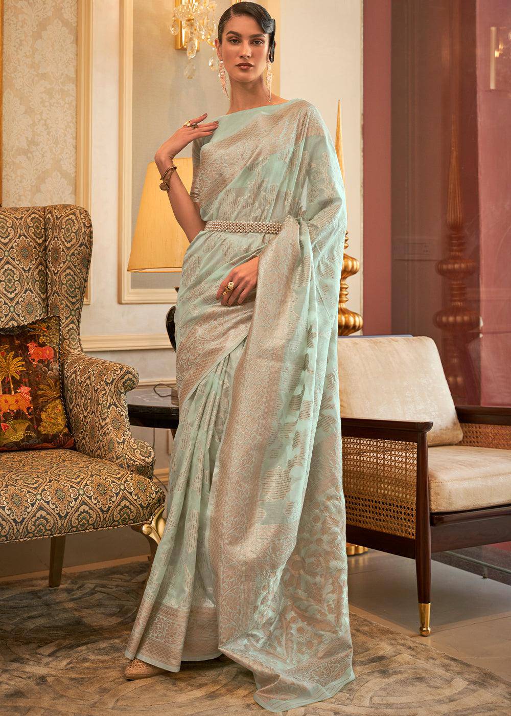 Mint Green Handloom Woven Silk Saree with Sequins work | Stitched Blouse - qivii