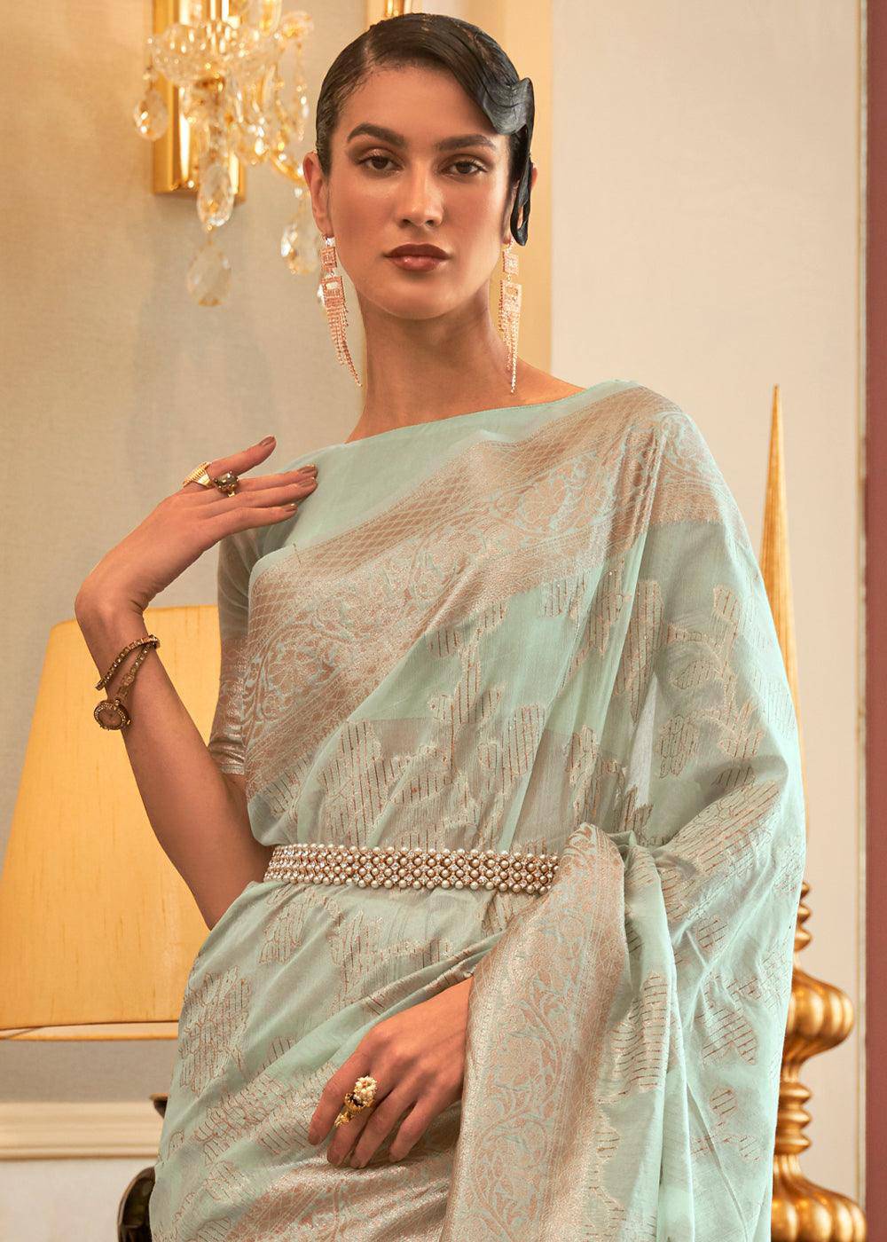 Mint Green Handloom Woven Silk Saree with Sequins work | Stitched Blouse - qivii