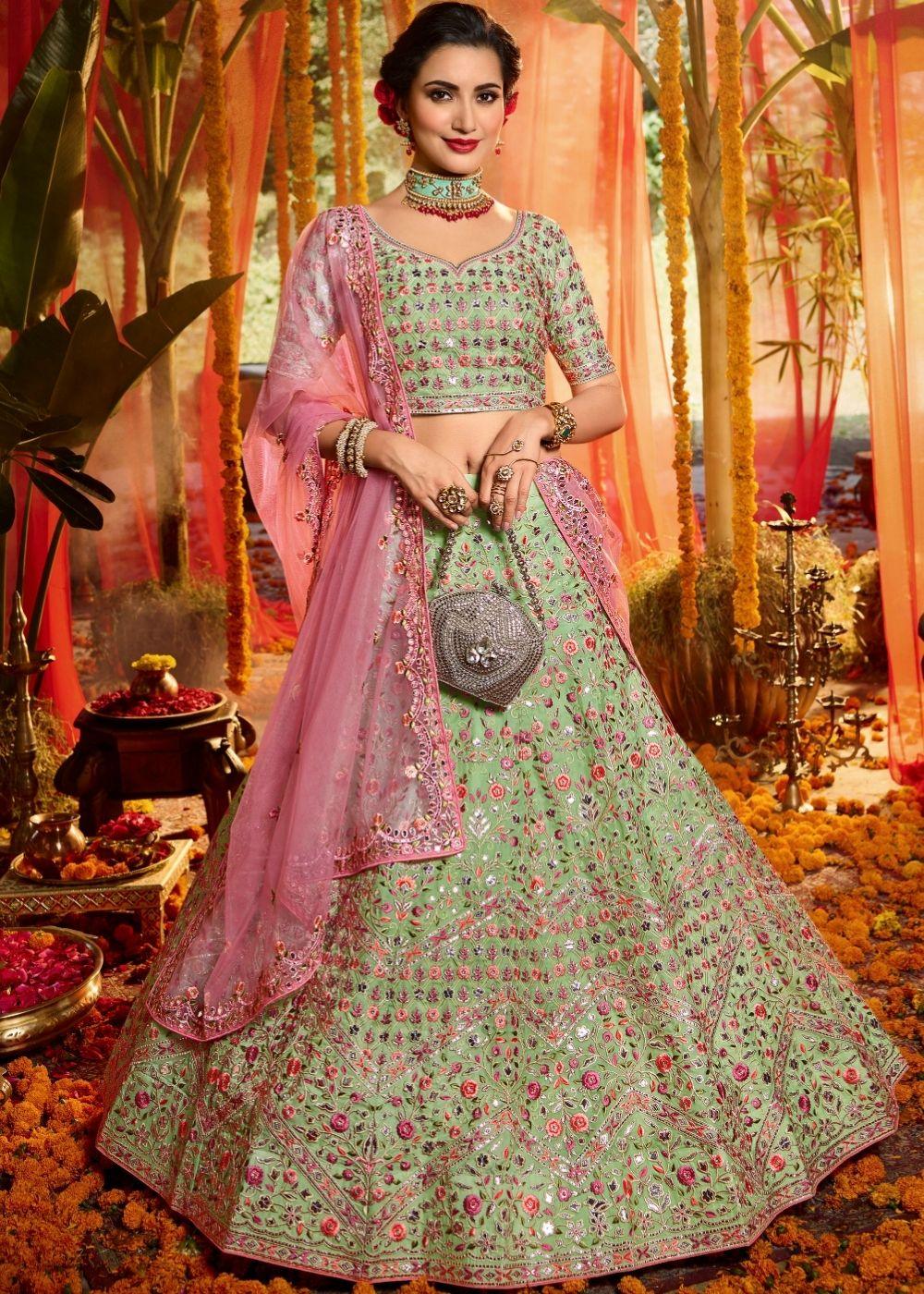 Mint Green Organza Designer Lehenga Choli with Foil, Mirror, Thread and Zari work (Pre-Order) - qivii