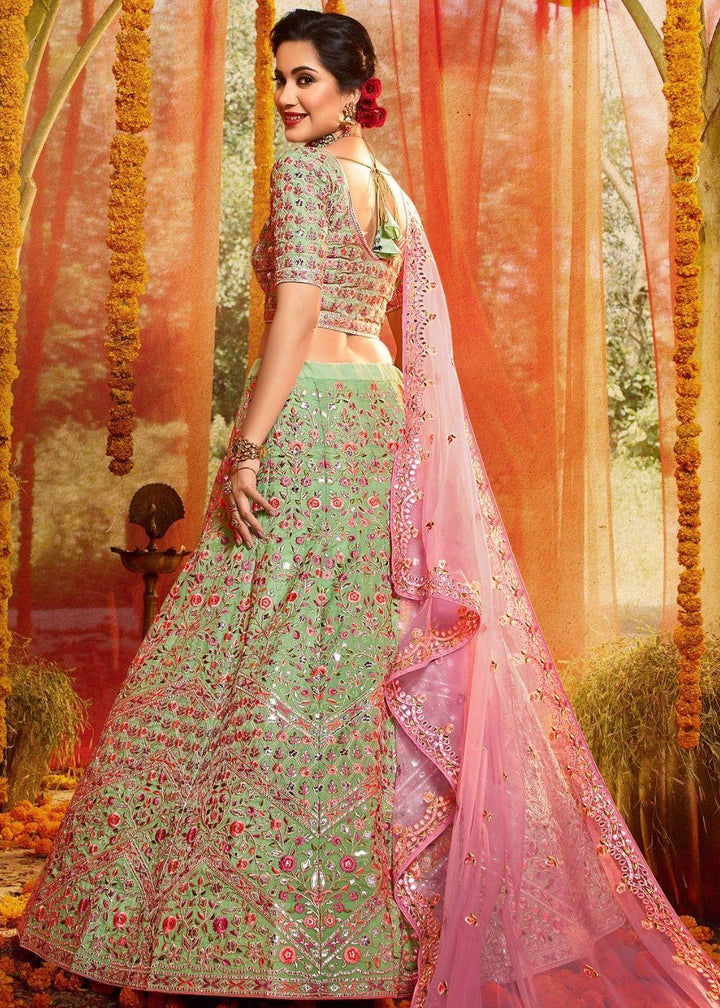 Mint Green Organza Designer Lehenga Choli with Foil, Mirror, Thread and Zari work (Pre-Order) - qivii