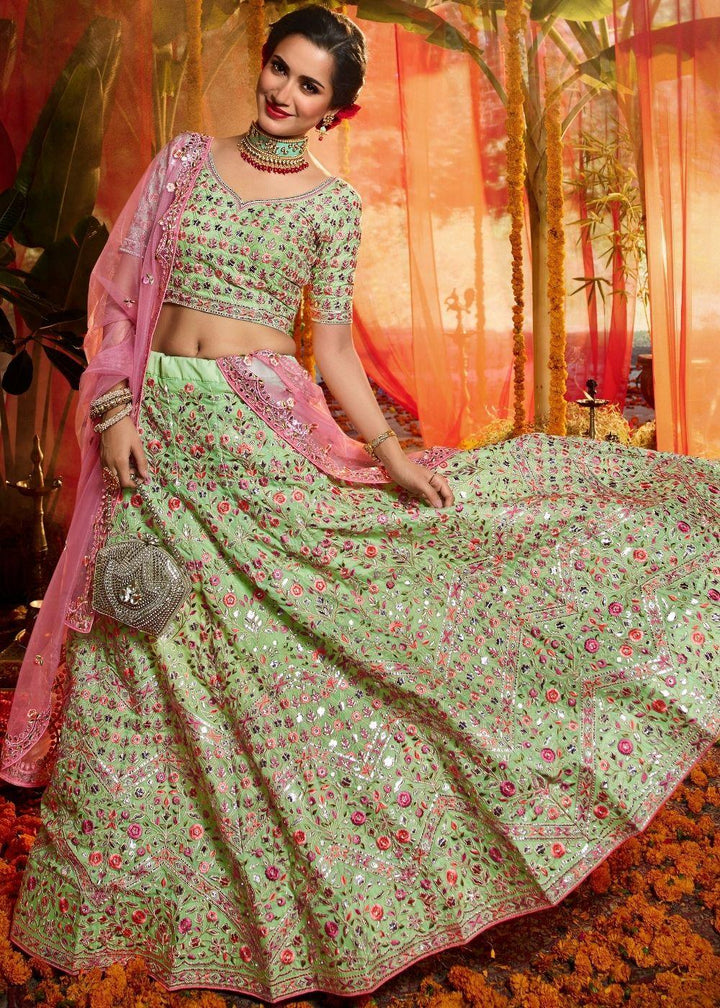 Mint Green Organza Designer Lehenga Choli with Foil, Mirror, Thread and Zari work (Pre-Order) - qivii