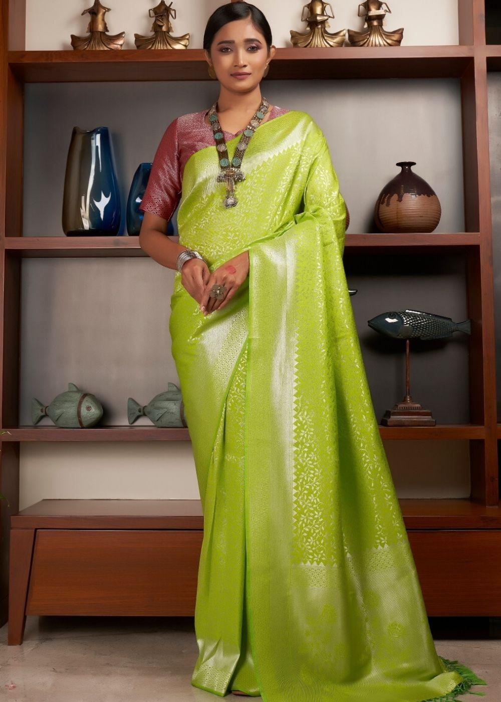 Mint Green Silver Zari work Kanjivaram Silk Saree - qivii