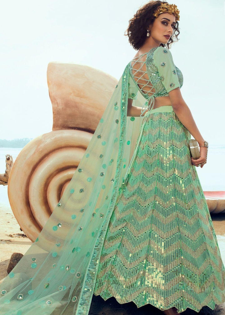 Mint Green Soft Net Designer Lehenga Choli with overall Sequins work - qivii