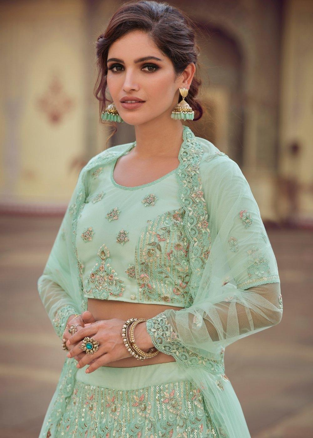 Mint Green Soft Net Lehenga Choli with Sequins, Thread, Zari & Dori work - qivii