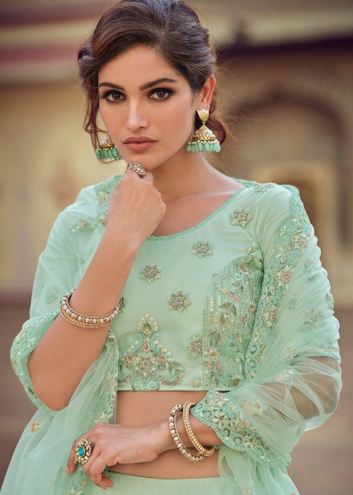 Mint Green Soft Net Lehenga Choli with Sequins, Thread, Zari & Dori work - qivii