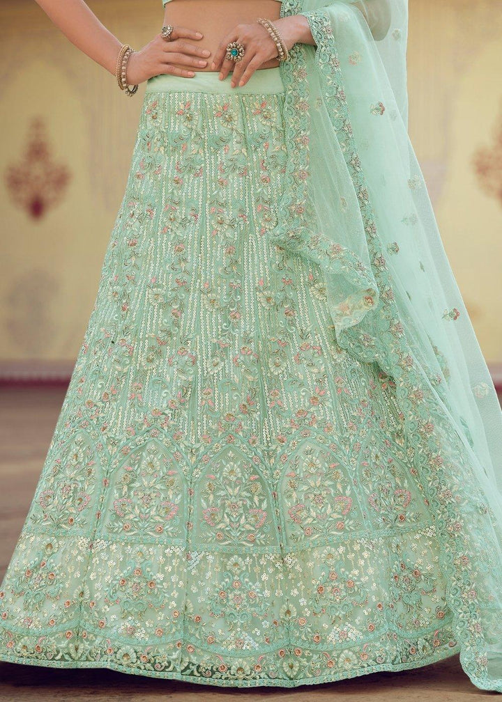 Mint Green Soft Net Lehenga Choli with Sequins, Thread, Zari & Dori work - qivii