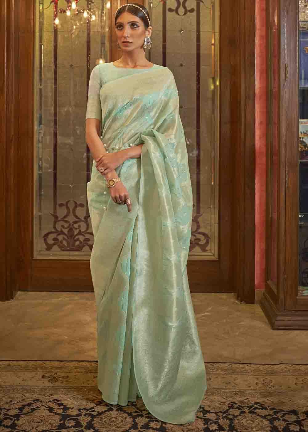 Mint Green Woven Banarasi Silk Saree with Sequins work | Stitched Blouse - qivii