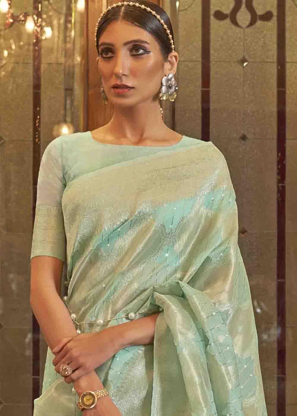 Mint Green Woven Banarasi Silk Saree with Sequins work | Stitched Blouse - qivii