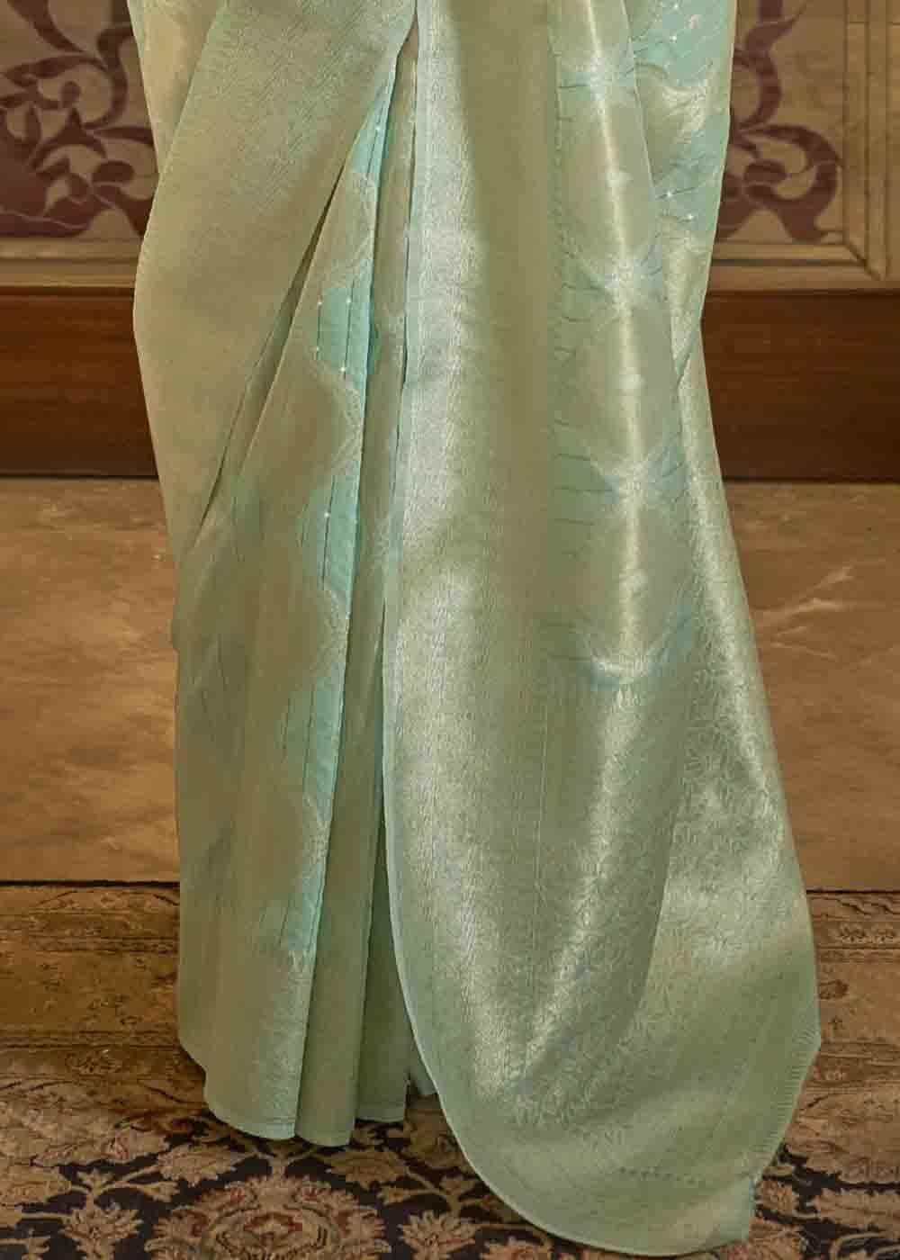 Mint Green Woven Banarasi Silk Saree with Sequins work | Stitched Blouse - qivii