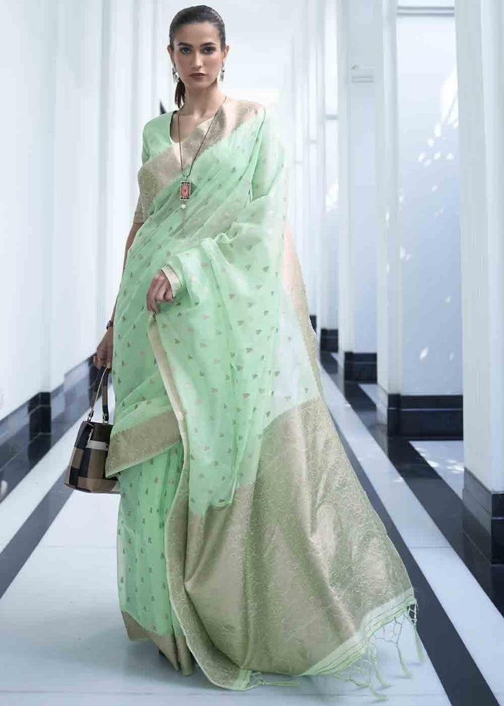 Mint Green Woven Designer Silk Saree | Stitched Blouse - qivii