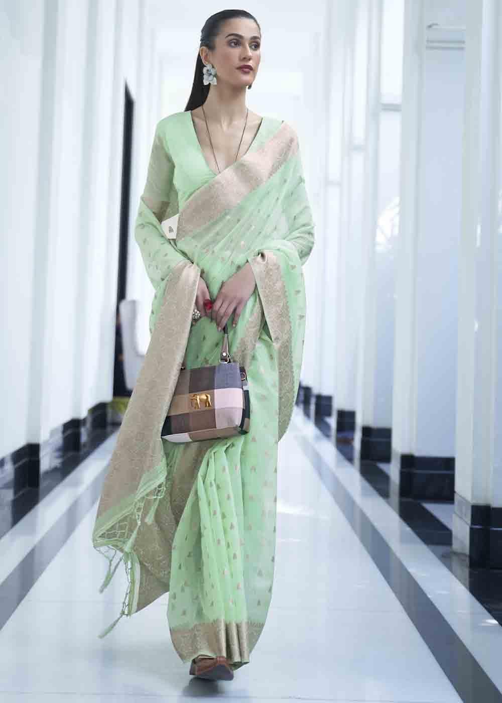 Mint Green Woven Designer Silk Saree | Stitched Blouse - qivii