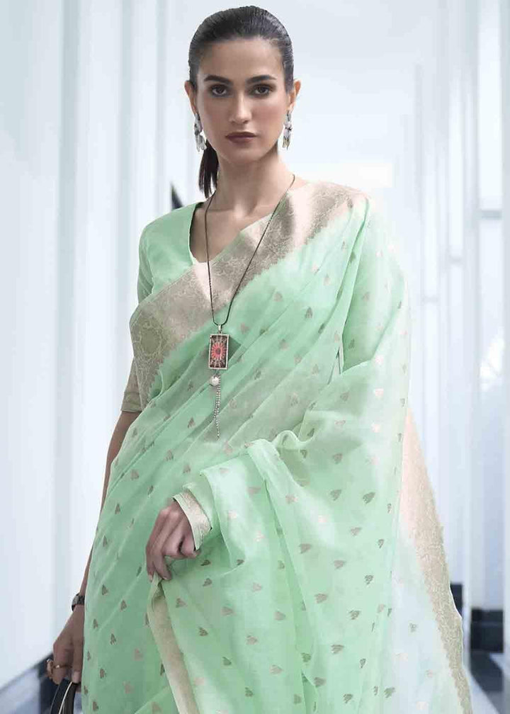 Mint Green Woven Designer Silk Saree | Stitched Blouse - qivii