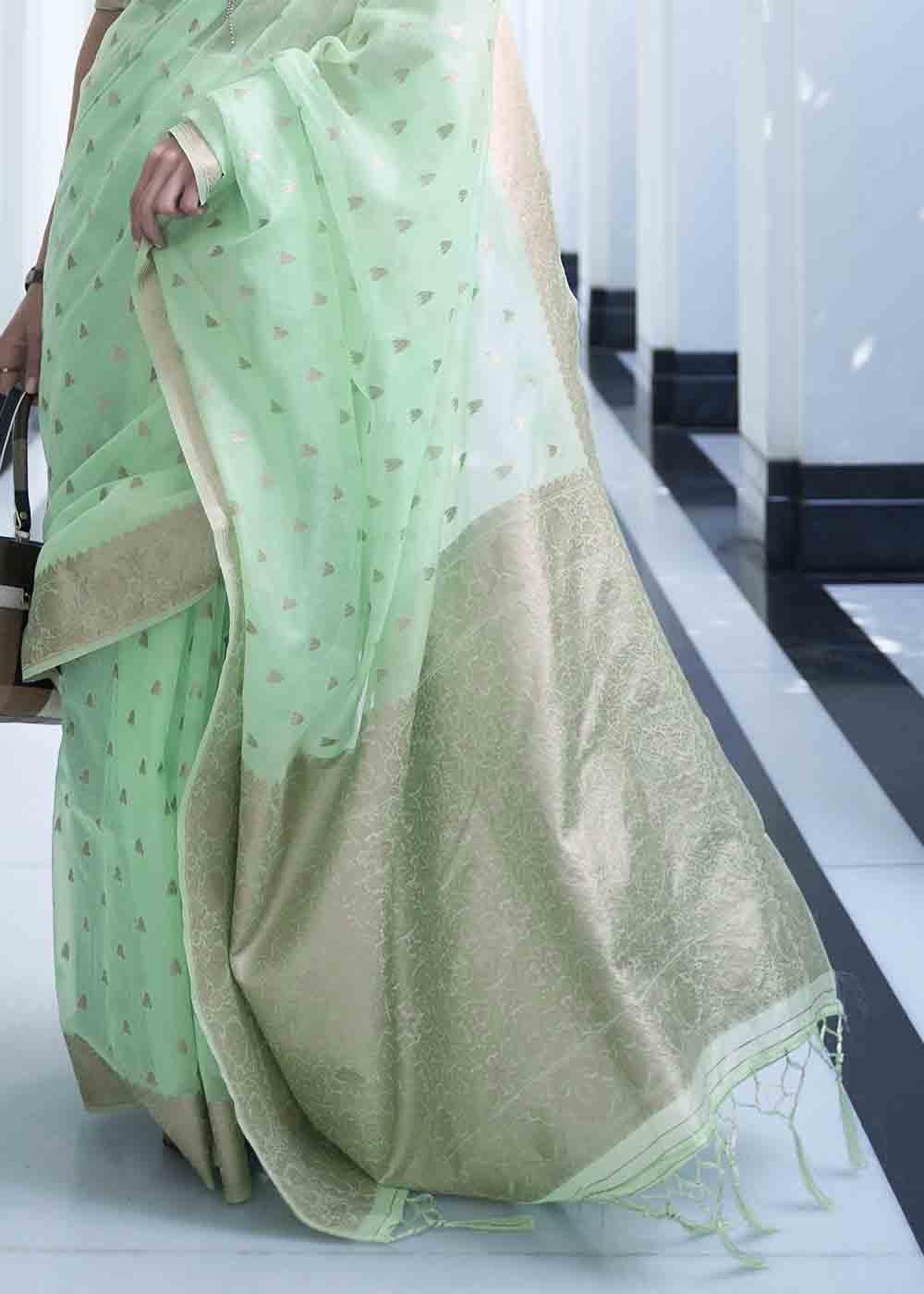 Mint Green Woven Designer Silk Saree | Stitched Blouse - qivii