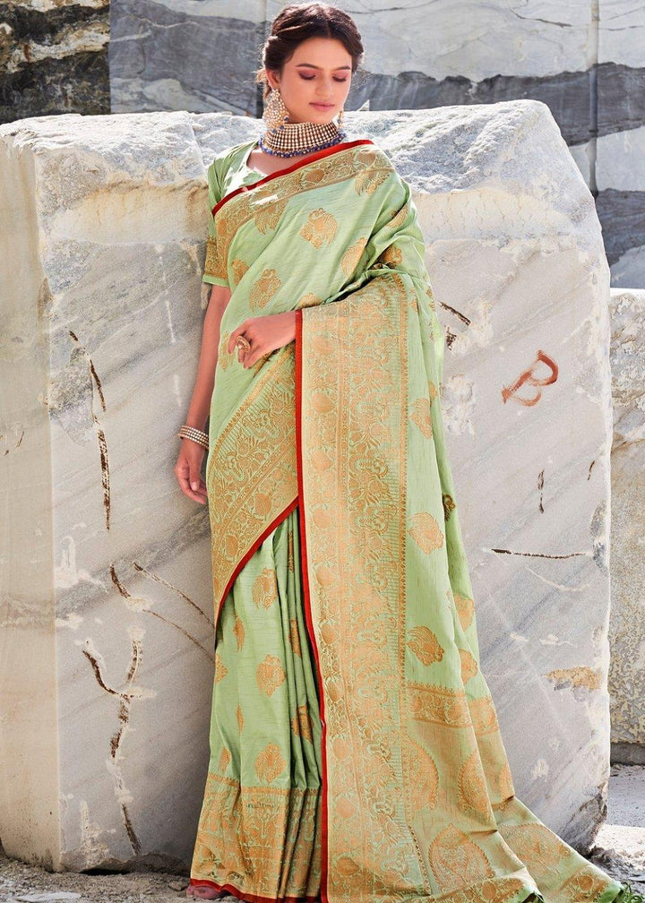 Mint Green Woven Designer Silk Saree with Butti overall | Stitched Blouse - qivii