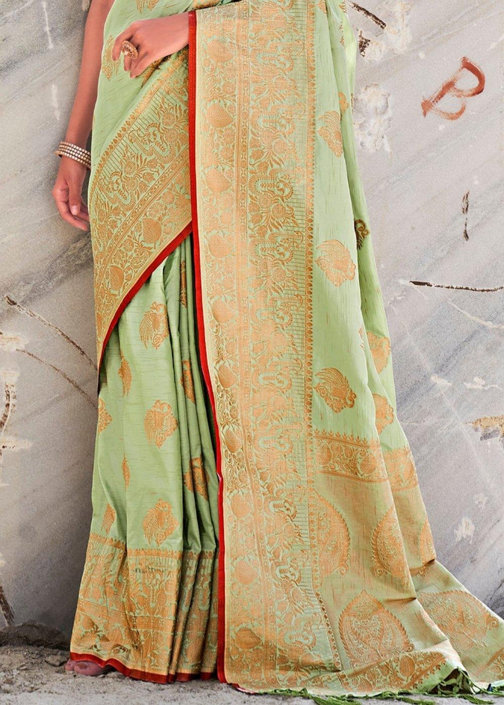 Mint Green Woven Designer Silk Saree with Butti overall | Stitched Blouse - qivii