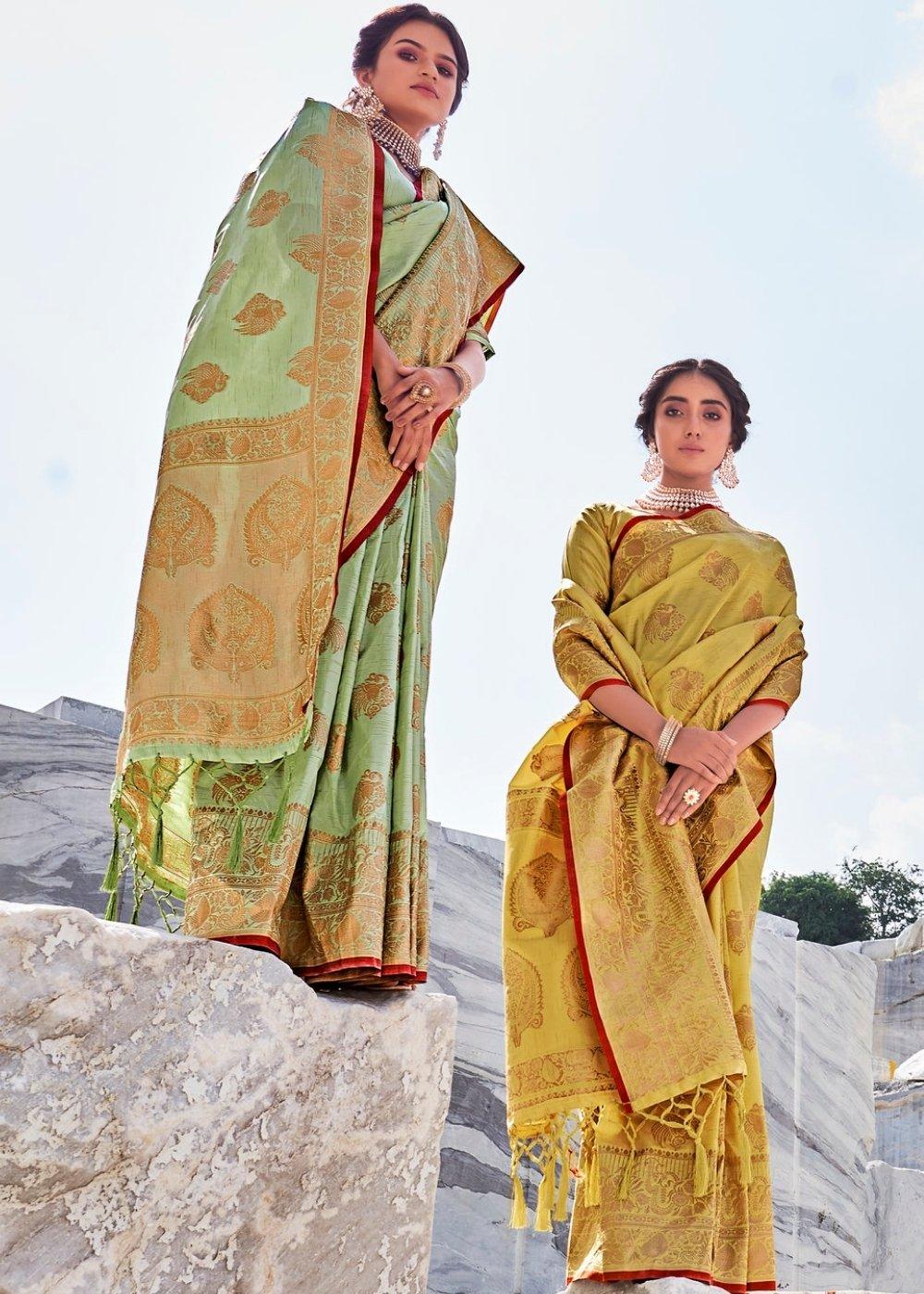 Mint Green Woven Designer Silk Saree with Butti overall | Stitched Blouse - qivii