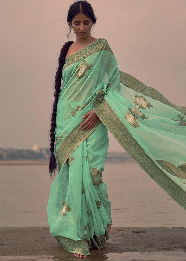 Mint Green Woven Linen Silk Saree with Floral Motif on Pallu and Border - qivii