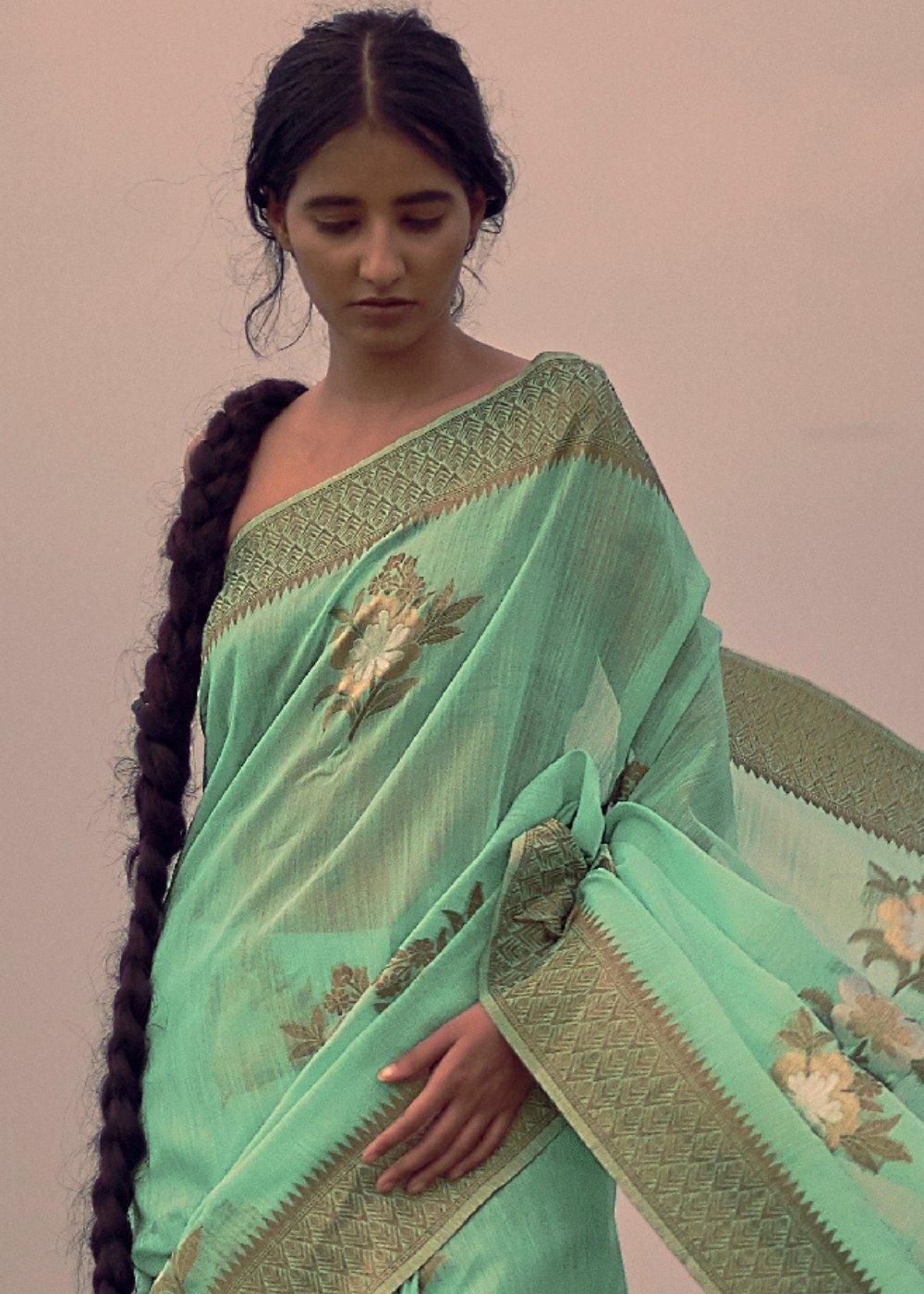 Mint Green Woven Linen Silk Saree with Floral Motif on Pallu and Border - qivii