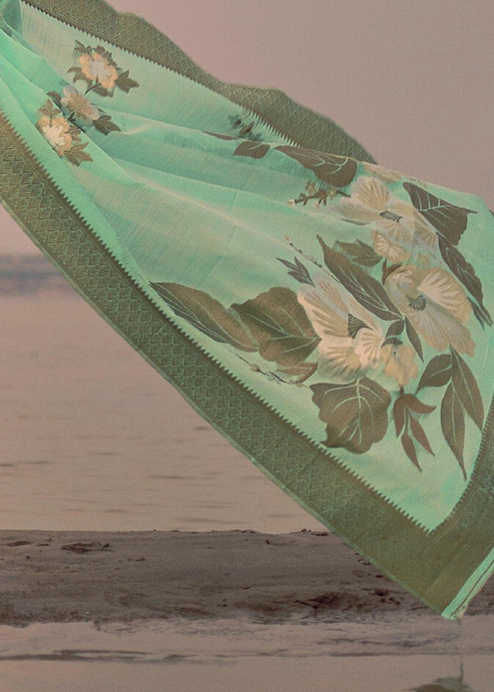 Mint Green Woven Linen Silk Saree with Floral Motif on Pallu and Border - qivii