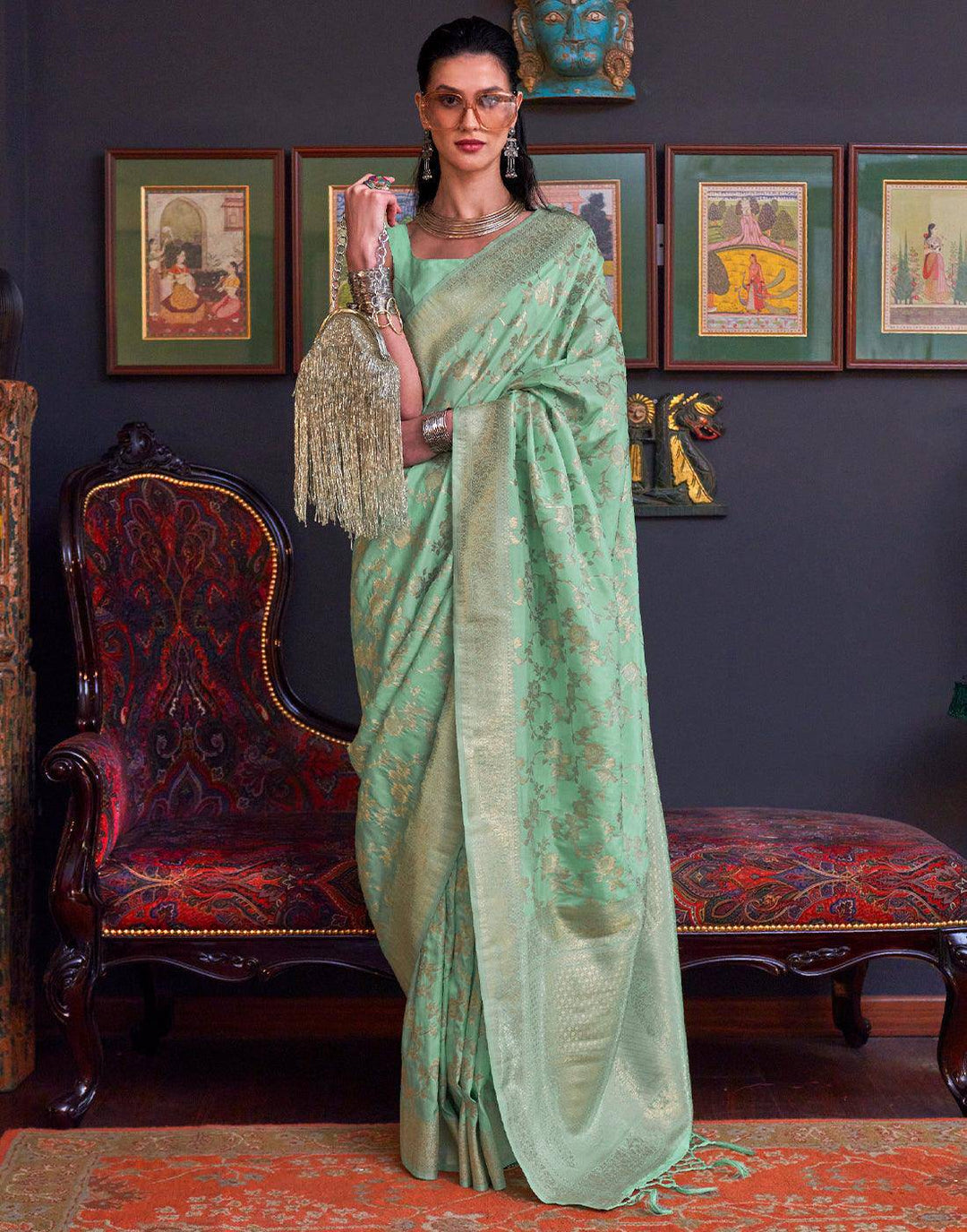 Mint Green Zari Woven Banarasi Katan Silk Saree | Stitched Blouse - qivii