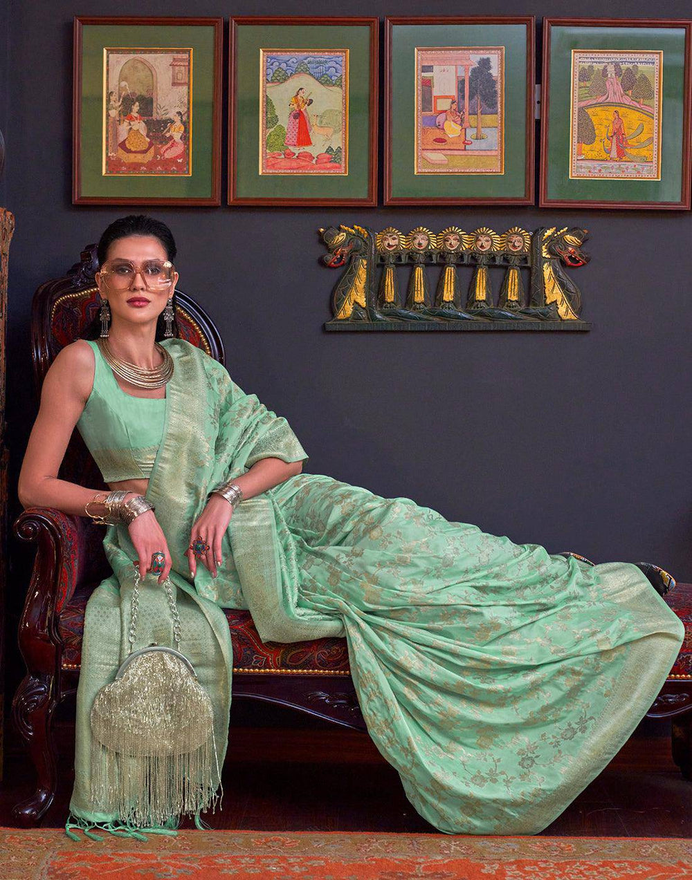 Mint Green Zari Woven Banarasi Katan Silk Saree | Stitched Blouse - qivii