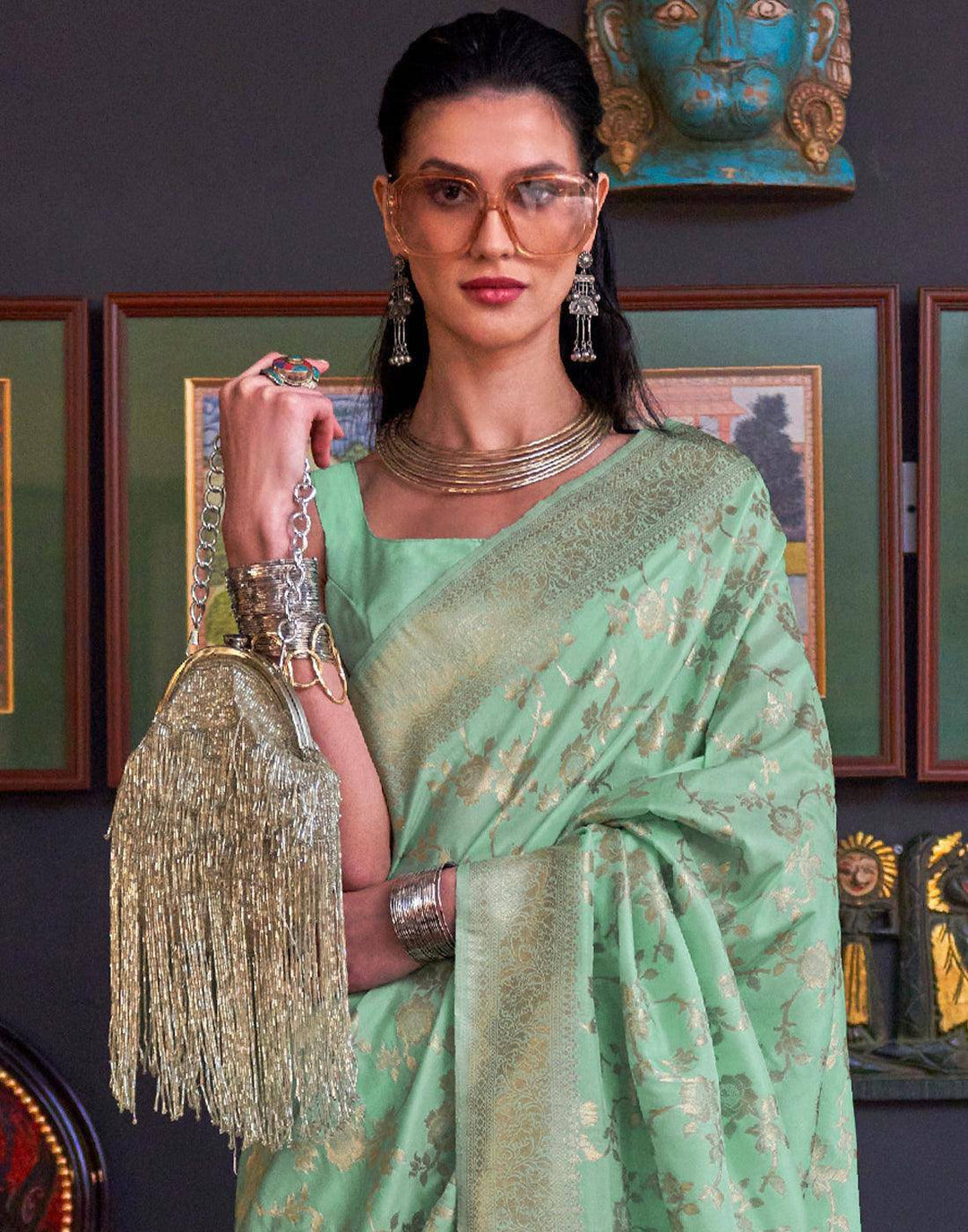 Mint Green Zari Woven Banarasi Katan Silk Saree | Stitched Blouse - qivii