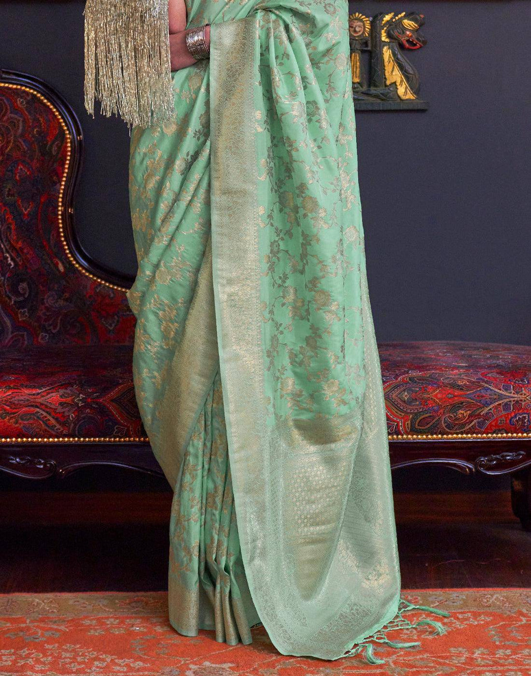 Mint Green Zari Woven Banarasi Katan Silk Saree | Stitched Blouse - qivii