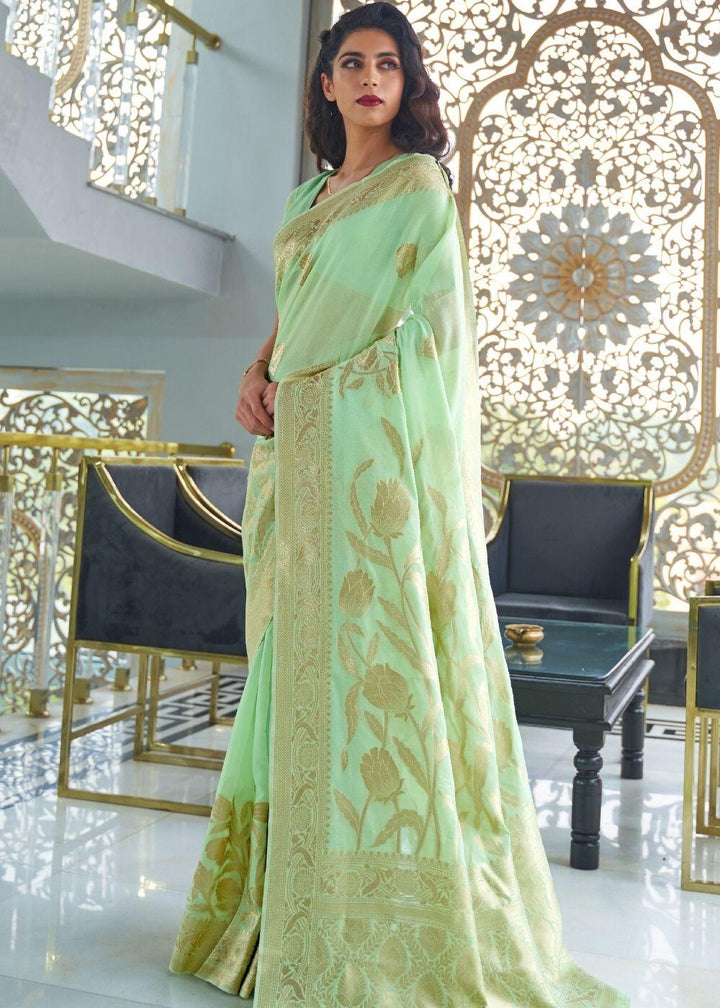 Mint Green Zari Woven Designer Silk Saree - qivii