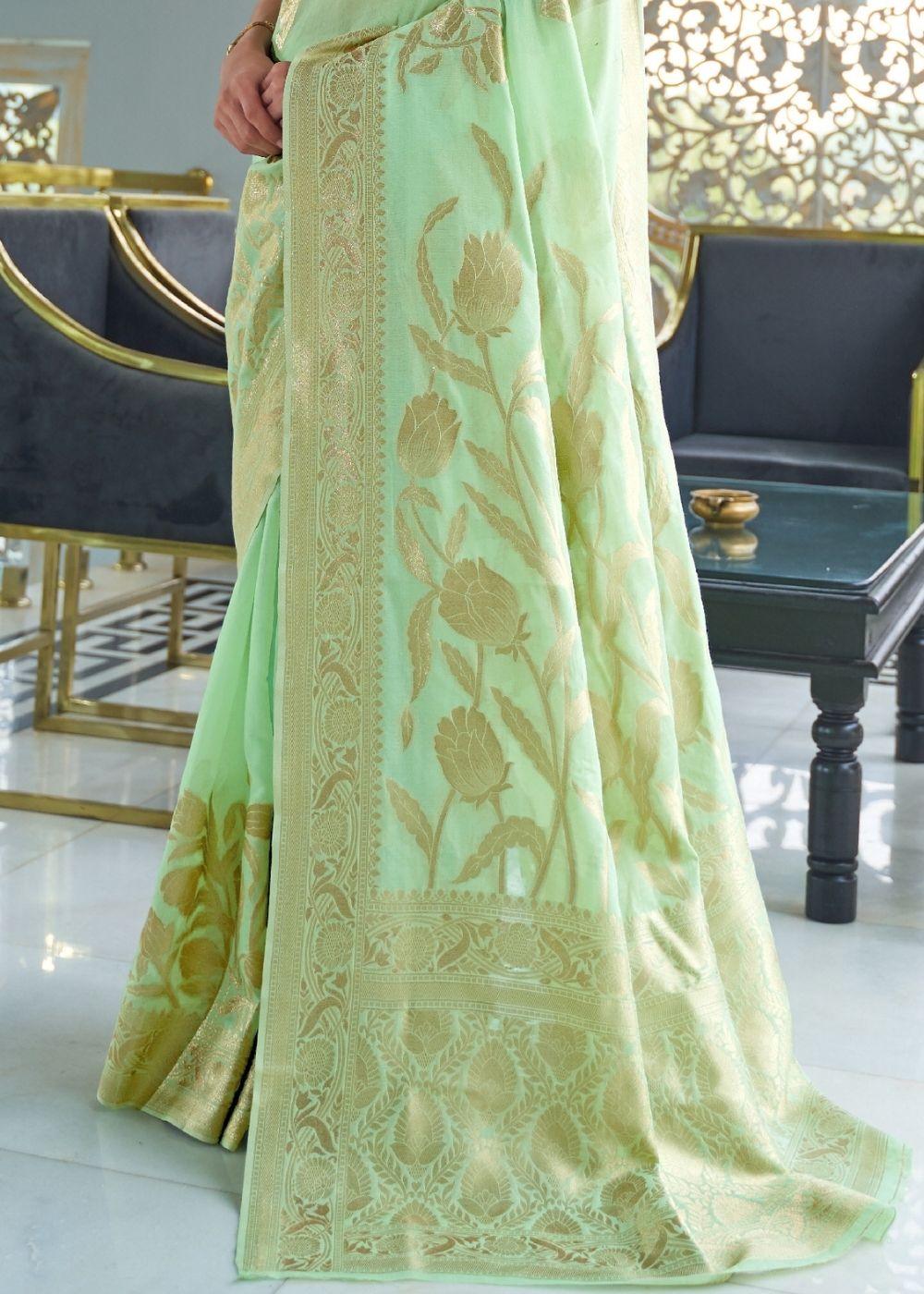 Mint Green Zari Woven Designer Silk Saree - qivii