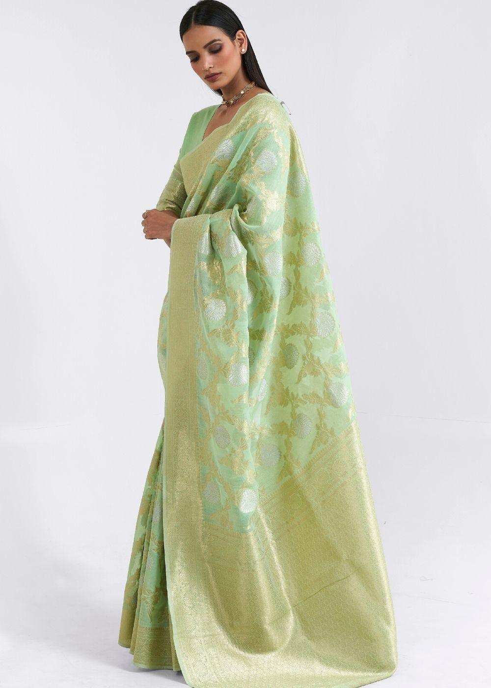 Mint Green Zari Woven Linen Silk Saree | Stitched Blouse - qivii