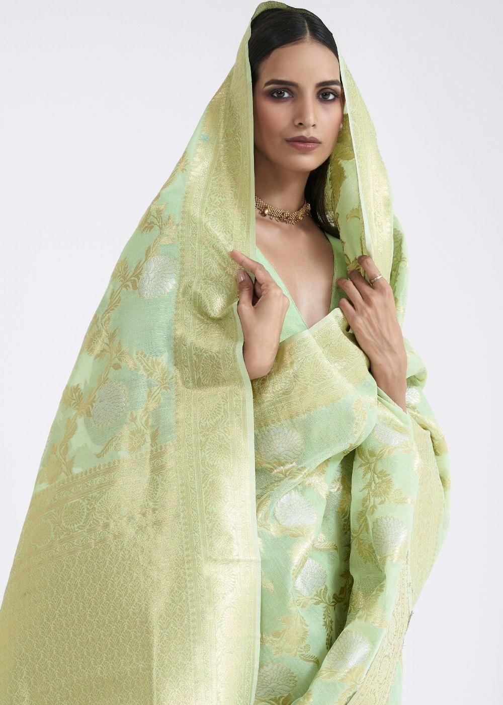 Mint Green Zari Woven Linen Silk Saree | Stitched Blouse - qivii