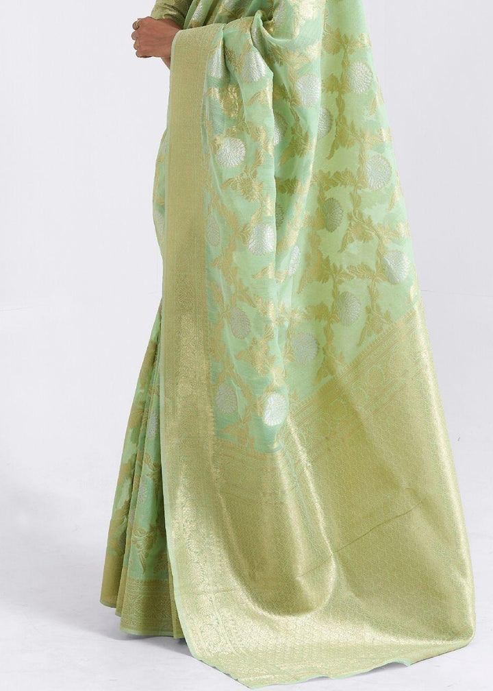 Mint Green Zari Woven Linen Silk Saree | Stitched Blouse - qivii