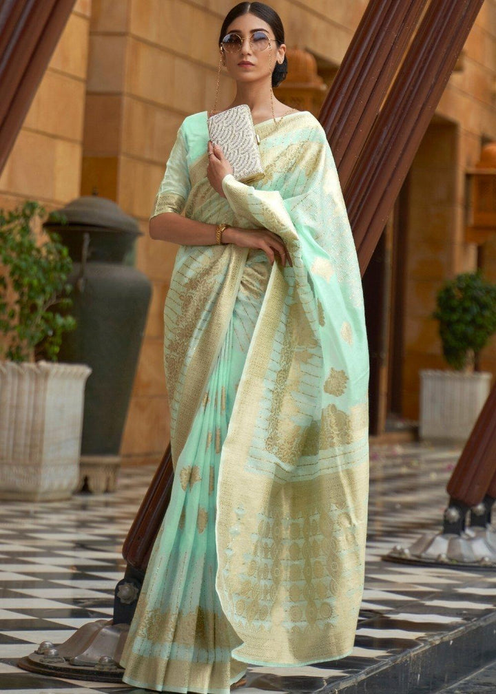 Mint Green Zari Woven Silk Saree with Sequins work | Stitched Blouse - qivii