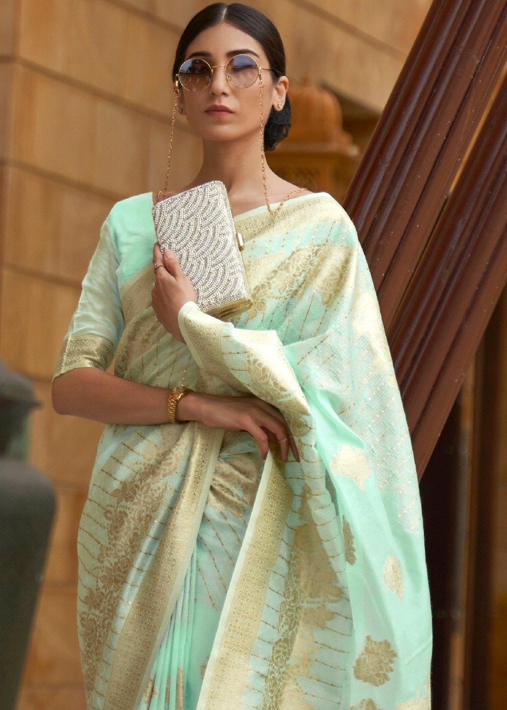 Mint Green Zari Woven Silk Saree with Sequins work | Stitched Blouse - qivii