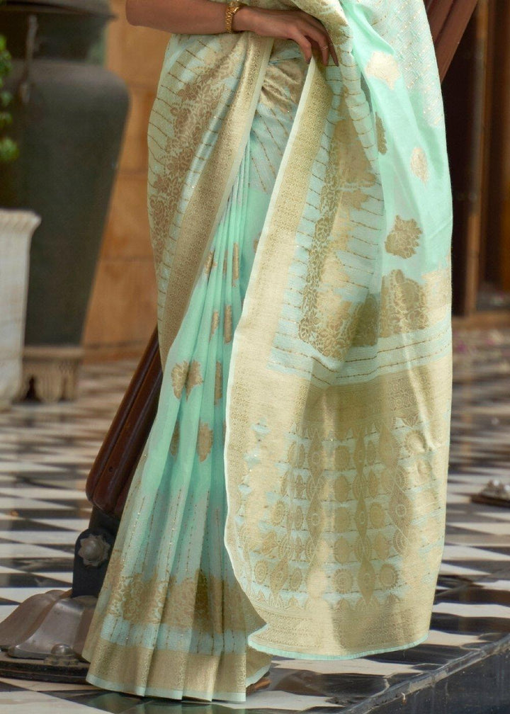 Mint Green Zari Woven Silk Saree with Sequins work | Stitched Blouse - qivii