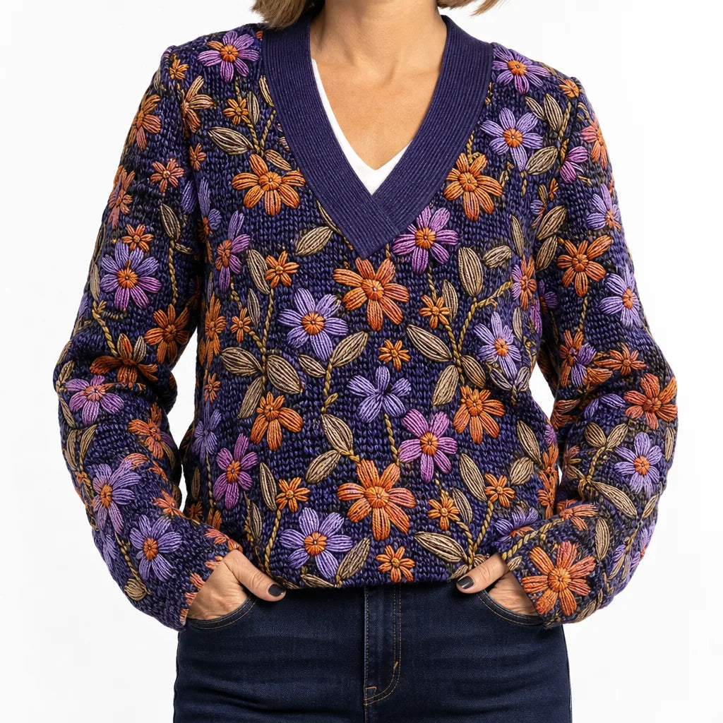 Mirabel | Womens Embroidered Stylish V Neck Sweater