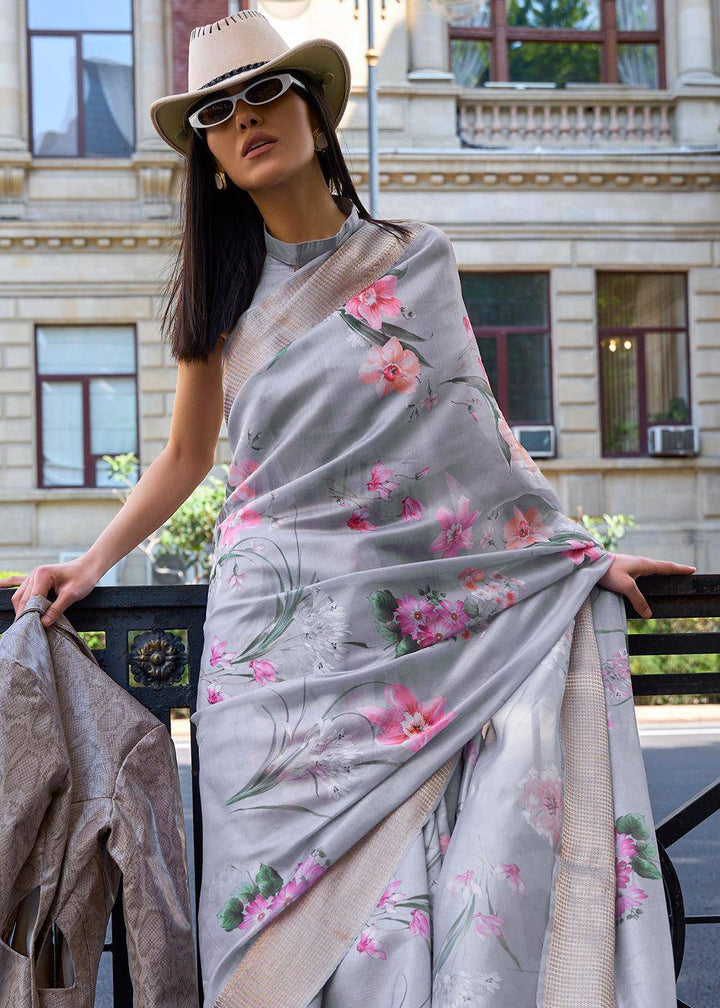 Misty Grey Floral Printed Satin Organza Saree | Stitched Blouse - qivii