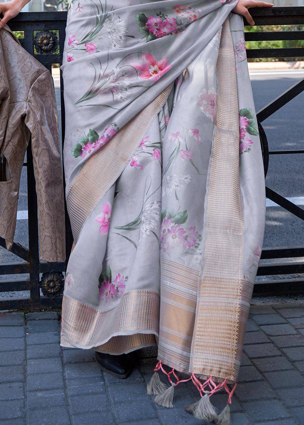 Misty Grey Floral Printed Satin Organza Saree | Stitched Blouse - qivii