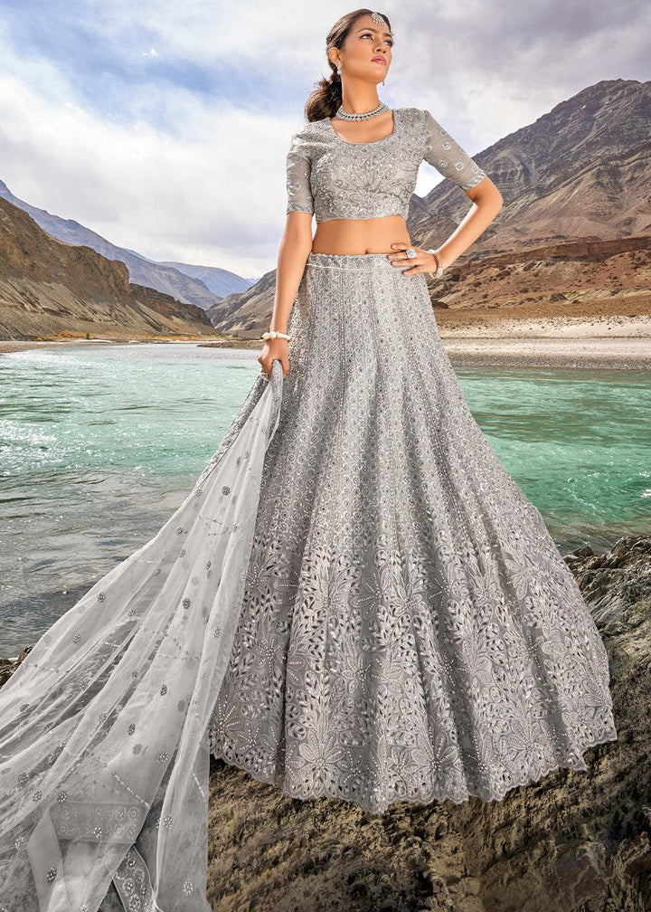 Misty Grey Organza lehenga Choli with Mirror,Zarkan & Cutwork - qivii