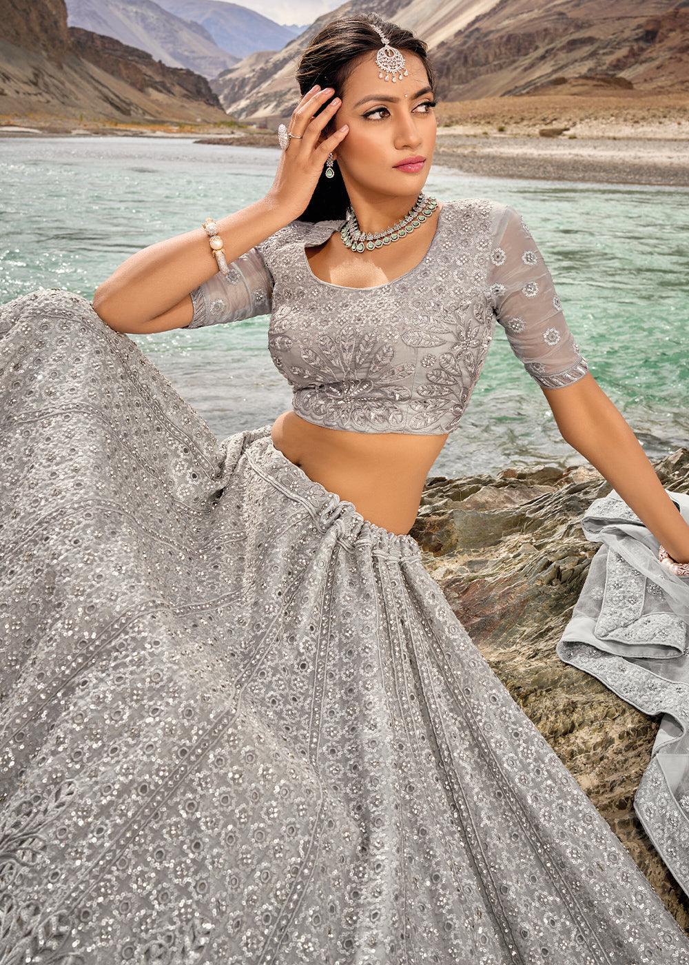 Misty Grey Organza lehenga Choli with Mirror,Zarkan & Cutwork - qivii