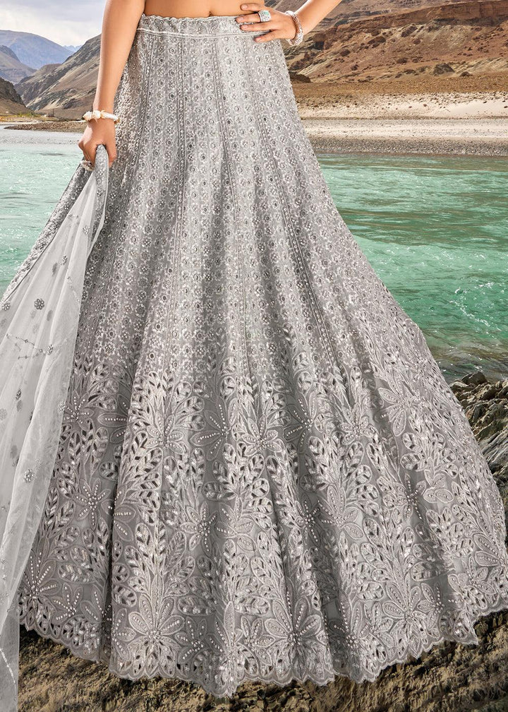 Misty Grey Organza lehenga Choli with Mirror,Zarkan & Cutwork - qivii