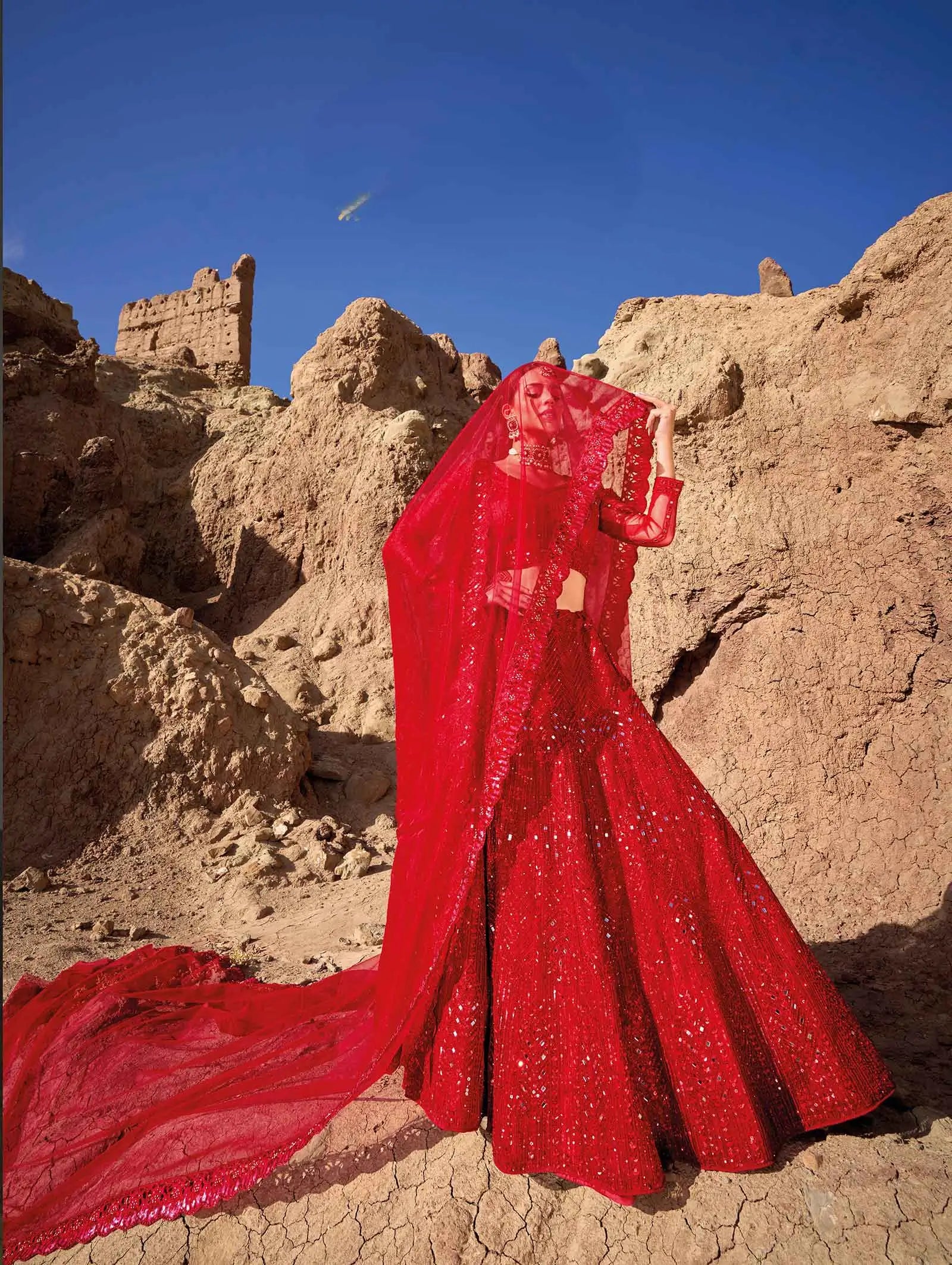 Red  Mirror Work With Sequins Embroidery Work Bridal Lehenga - qivii