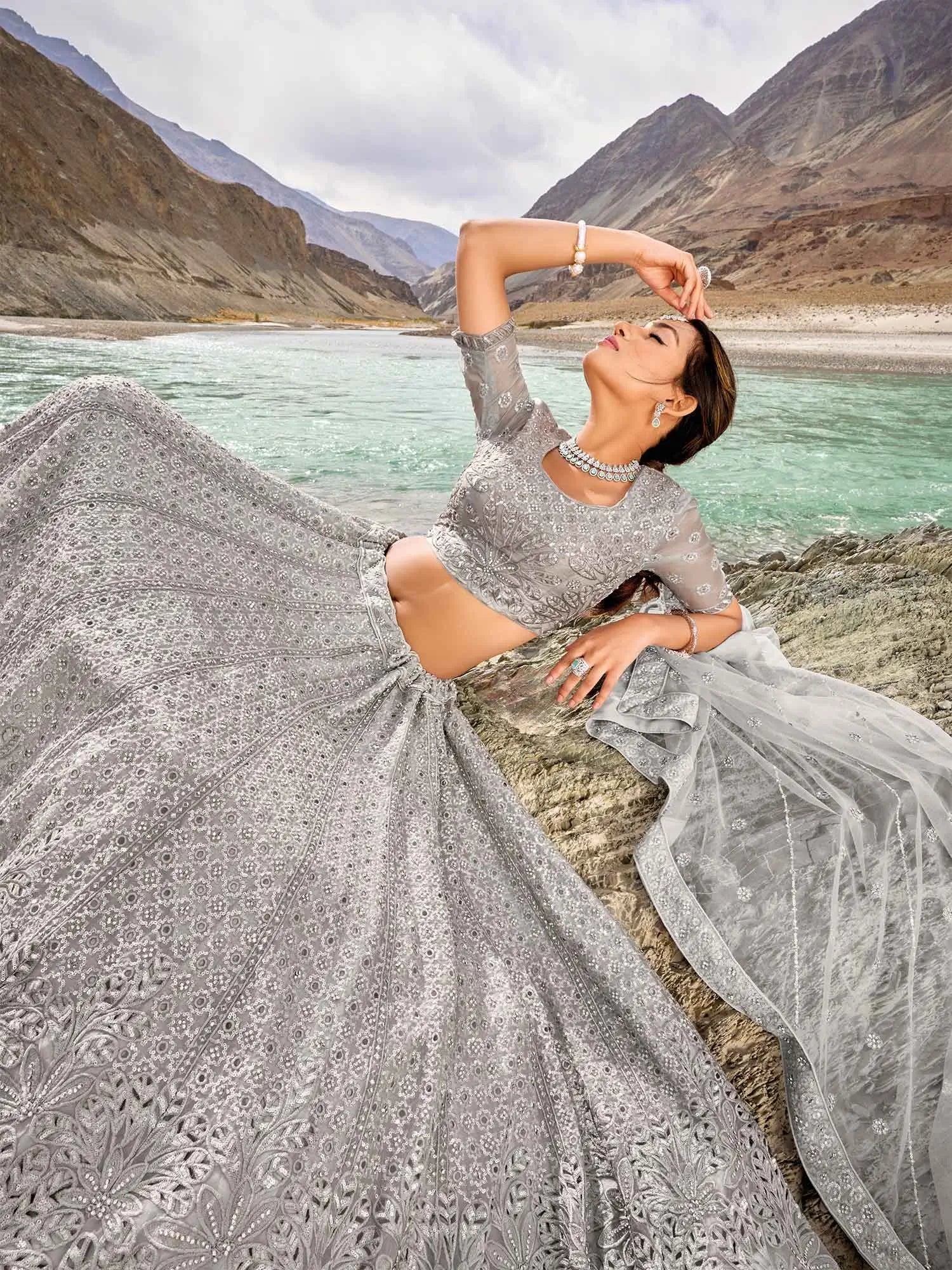 Pastel Grey Zarkan Work With Sequins Embroidery Work Lehenga For Bride - qivii