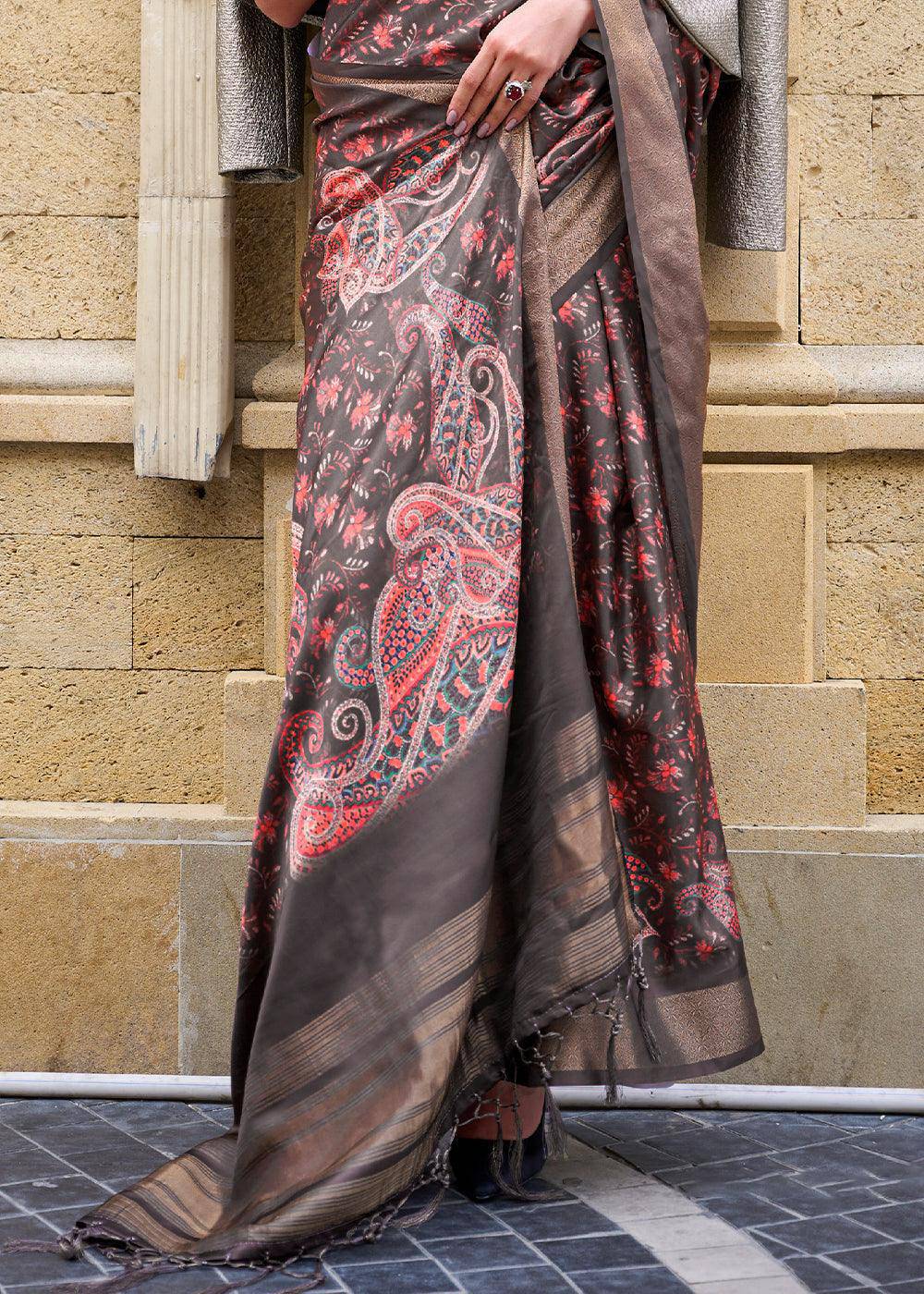 Mocha Brown Digital Floral Printed Silk Saree | Stitched Blouse - qivii